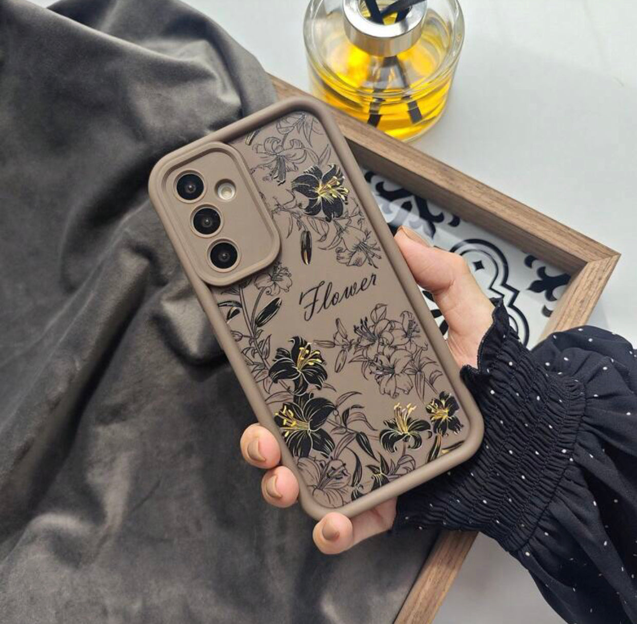 Soft Silicone Matte Phone Case with Botanical Design – Brown, White & Black for Women, (Galaxy A23)