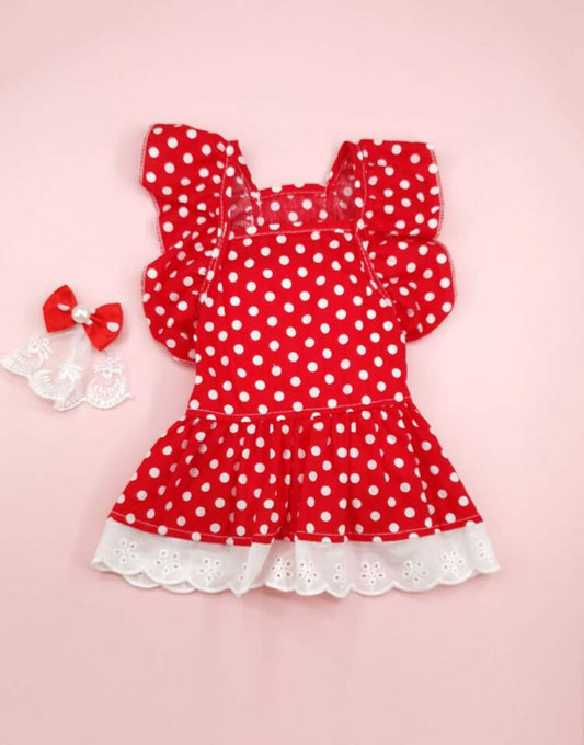 Polka Dot Pattern Flower Embroidery Pet Dress & Matching Bow – 2pcs Set