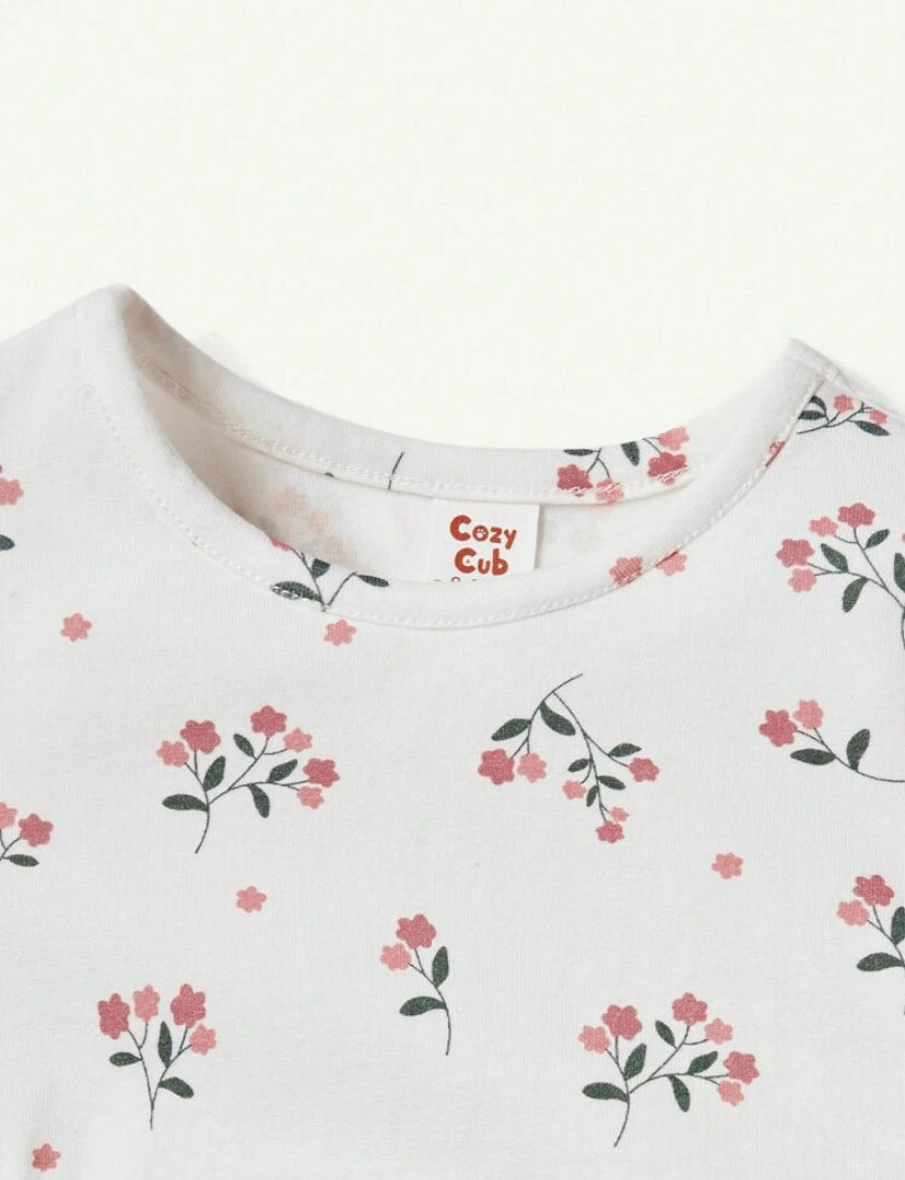Cozy Pixies Baby Girl Flower Pattern Short Sleeve Top & Solid Color Long Pants Set