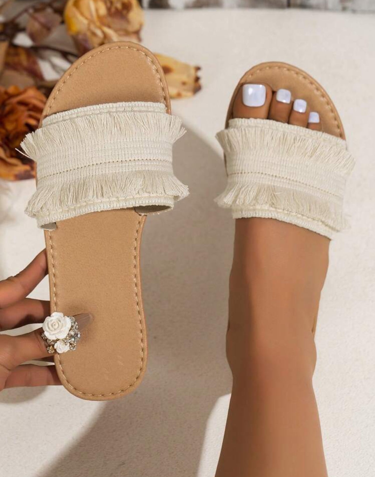 Beige Double-Layer Tassel Strap Sandals for Women - K2003