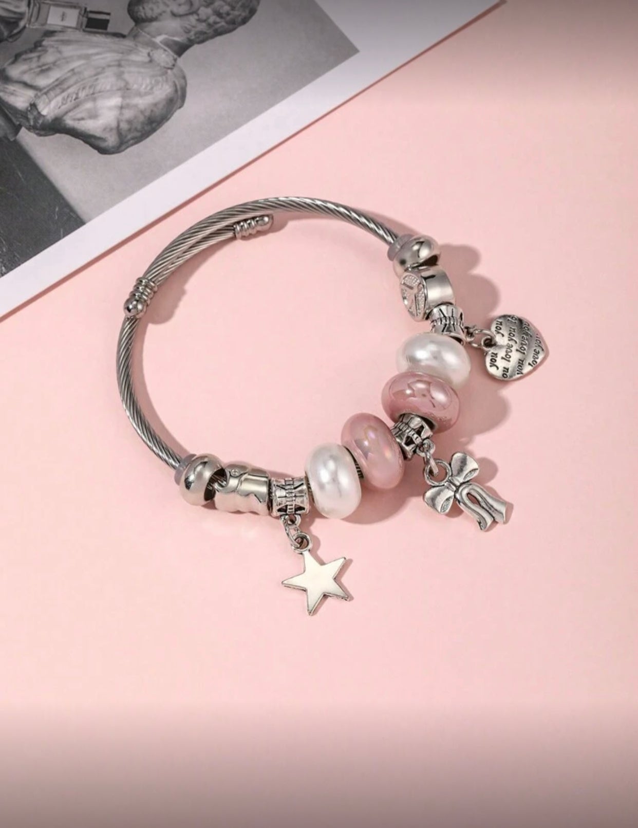 Stainless Steel Bracelet with Butterfly & Pink Enamel Heart Charm – DIY Accessory for Friends, Parties & Valentine’s Day