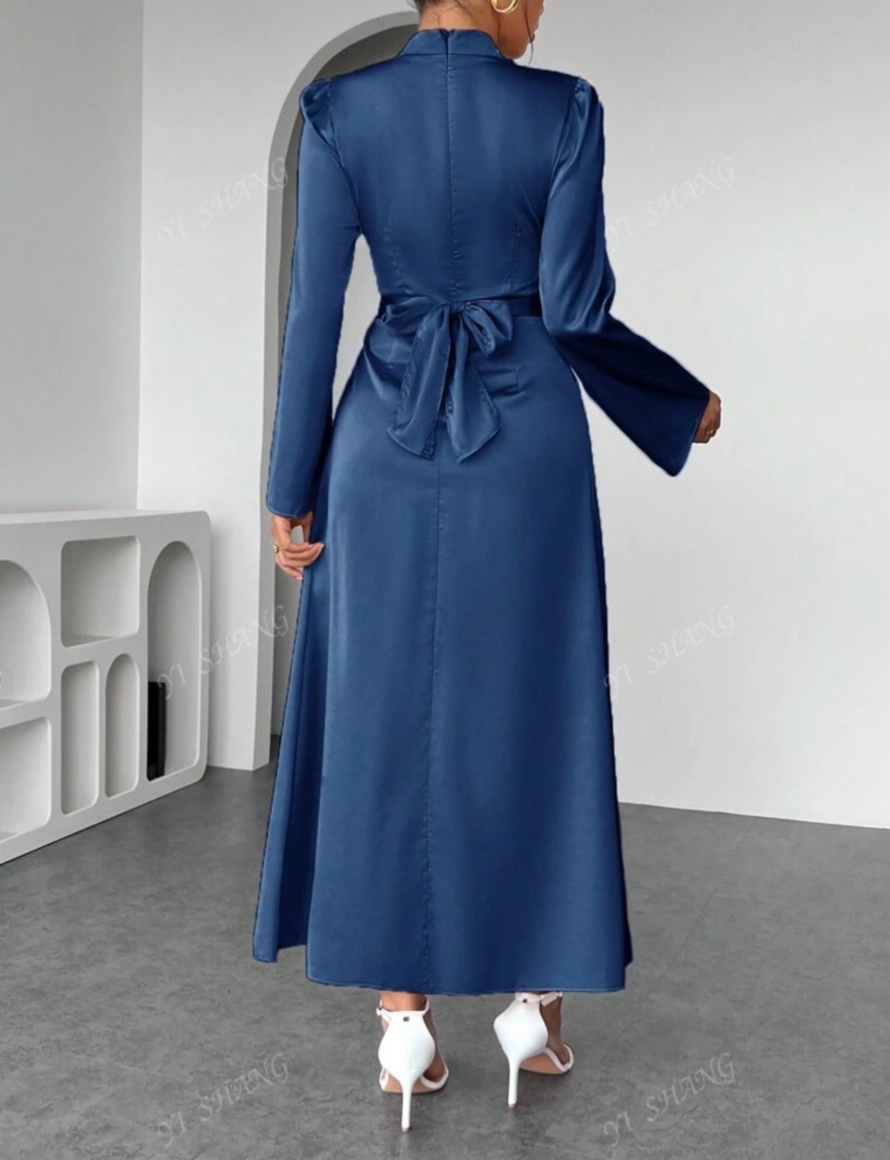 Elegant Long Bell Sleeve Dress with Belt – Satin Fabric, Modest Full-Coverage, Solid Color (Spring/Fall)