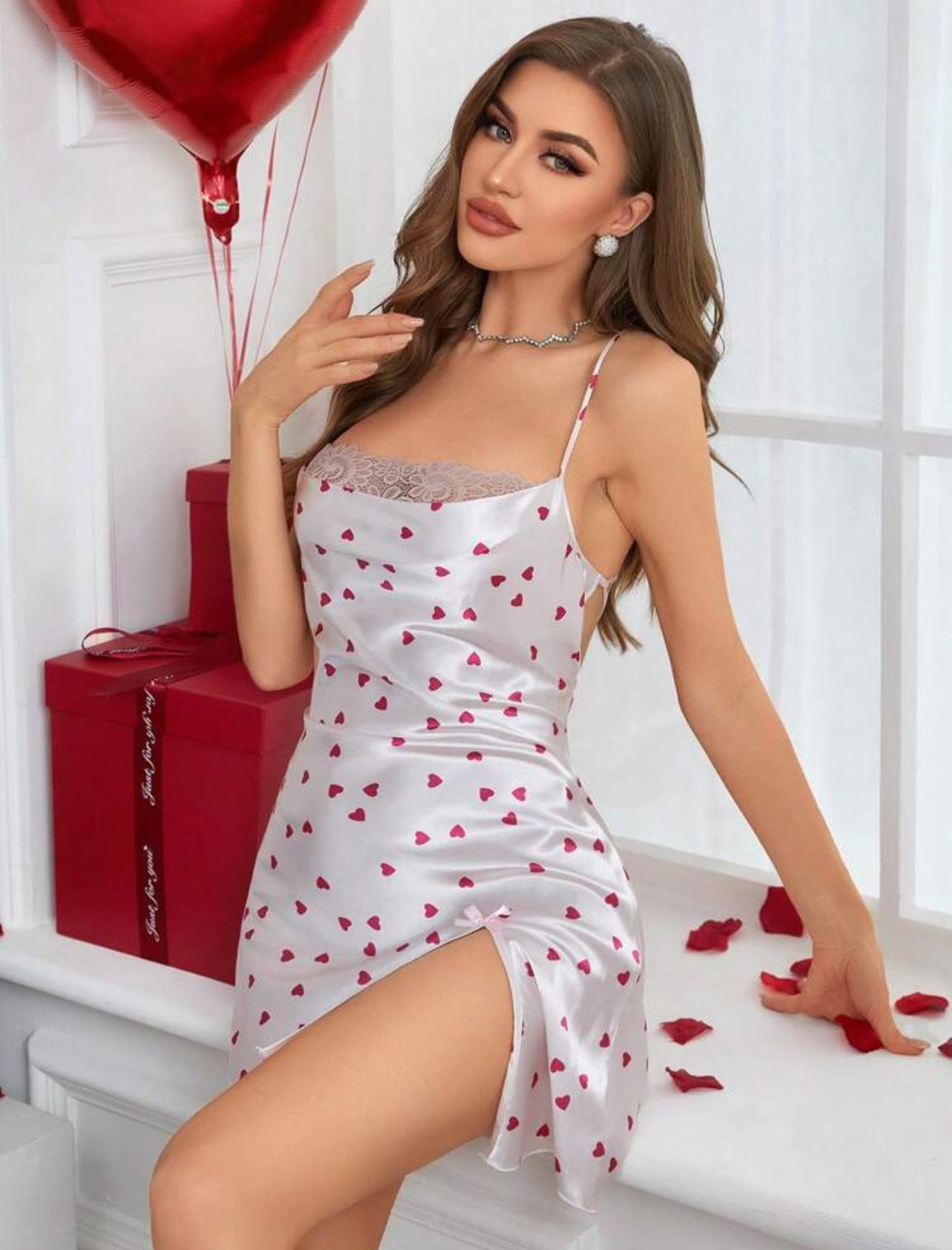 Heart Print Nightdress with Lace Trim & Side Slit