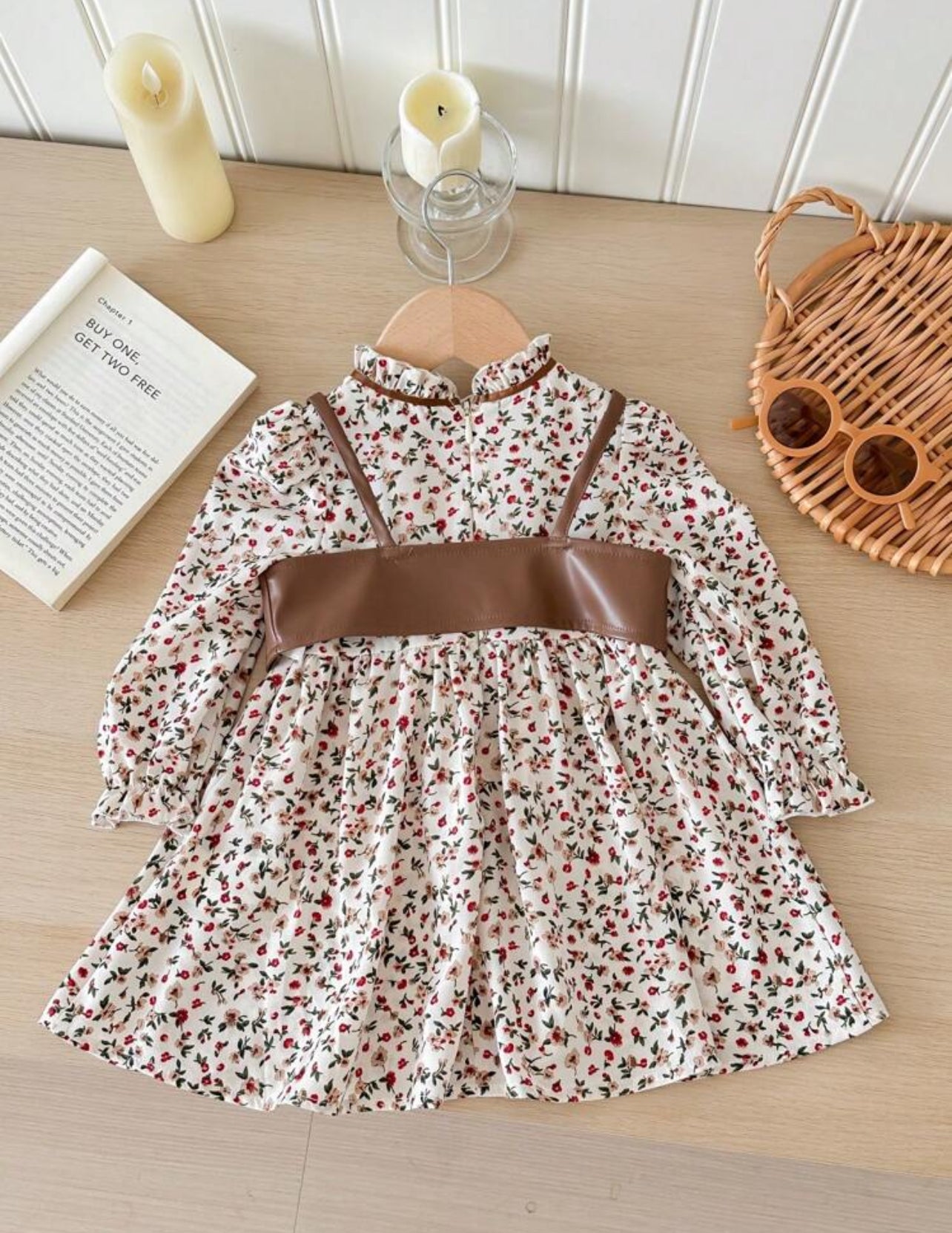 SHEIN LMoss Kids 2pcs Girls’ Outfit – Floral Long-Sleeve Dress & PU Leather Strap Vest (Fall/Winter)