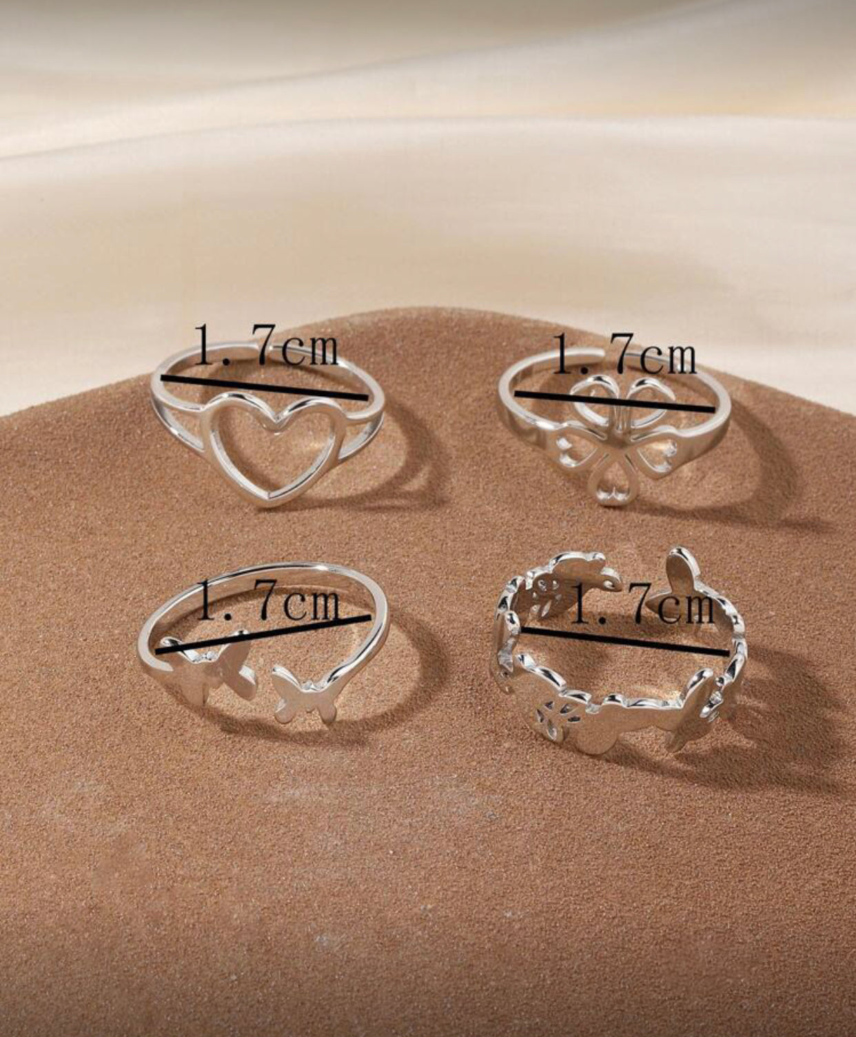 4-Piece Open Stainless Steel Rings Set – Silver Rings with Clover, Heart & Butterfly Designs, Elegant Women’s Jewelry