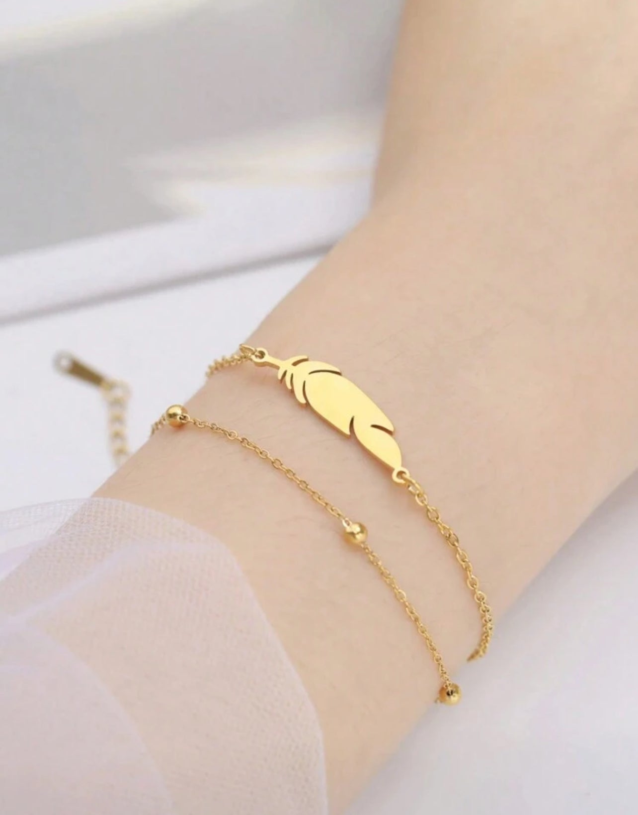 1pc Stainless Steel Double Layer Anklet for Women – Feather & Lightning Pendant, Summer Holiday Fashion Accessory