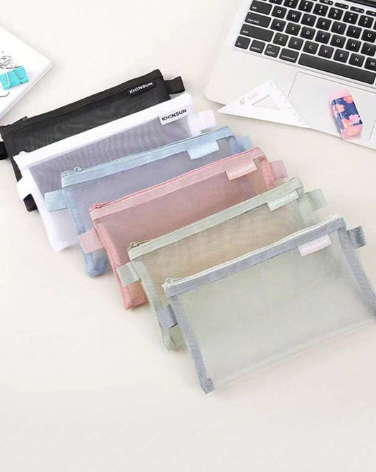 1pc Simple Transparent Mesh Pencil Case – Pink School Stationery Organizer