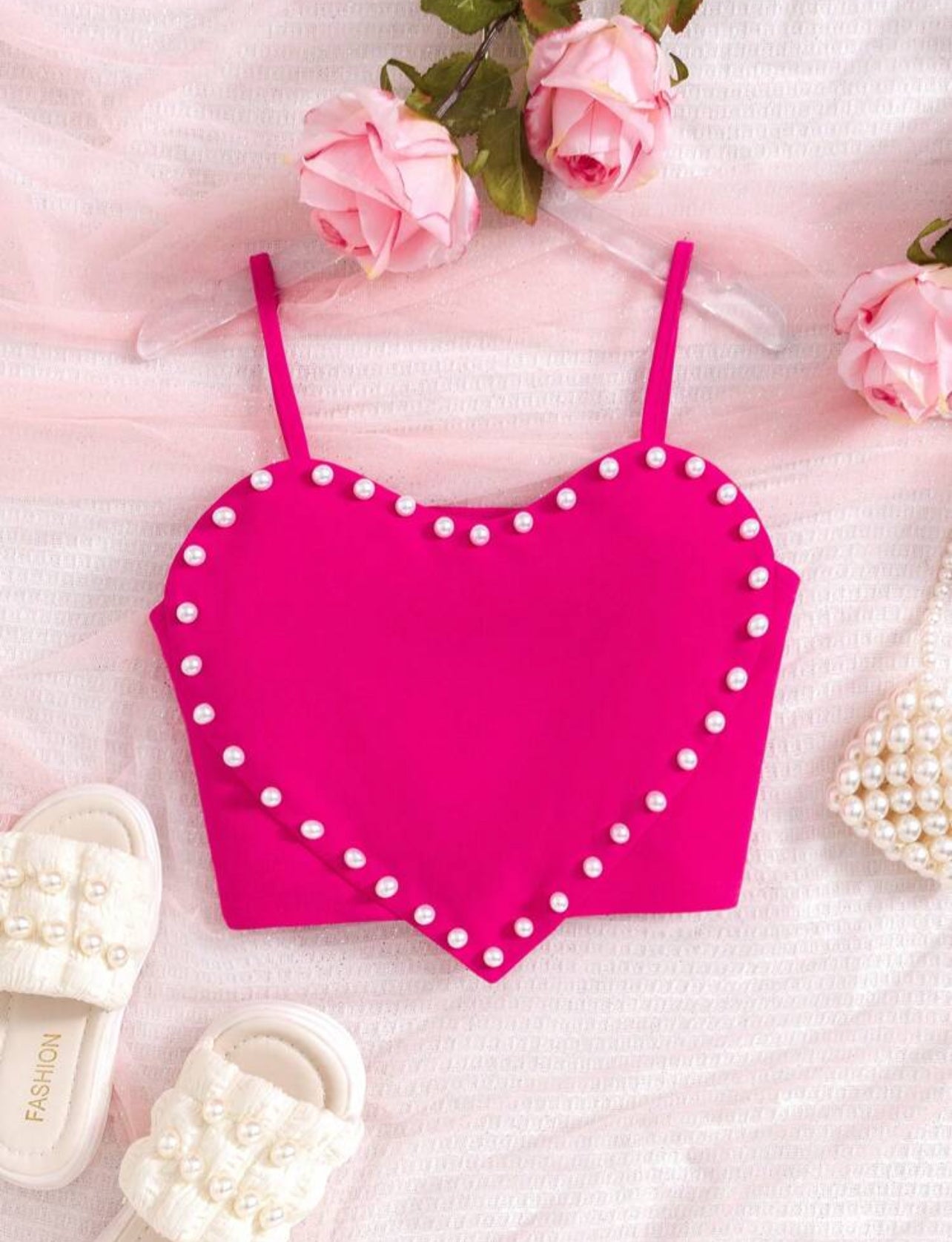 SHEIN Teen Girls Pearl Embellished Heart Pattern Crop Top