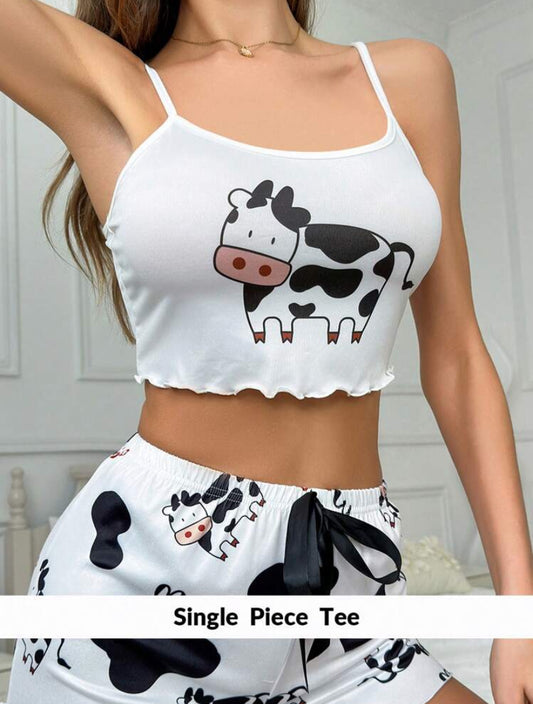 Women’s Cow Printed Camisole with Round Neckline & Lace Trimmed Straps – Pajama Cami Top (Without Shorts) - MH1151