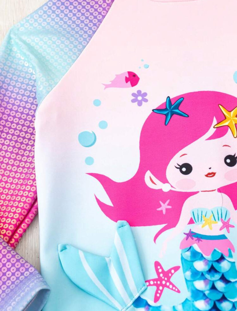 Young Girl Mermaid Printed Long Sleeve One-Piece Swimsuit – Cute Summer Swimwear