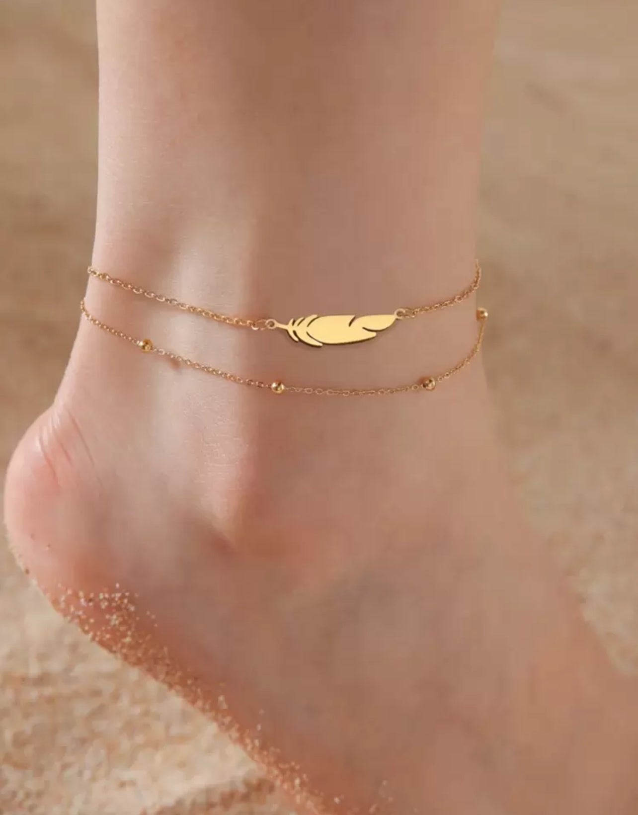 1pc Stainless Steel Double Layer Anklet for Women – Feather & Lightning Pendant, Summer Holiday Fashion Accessory