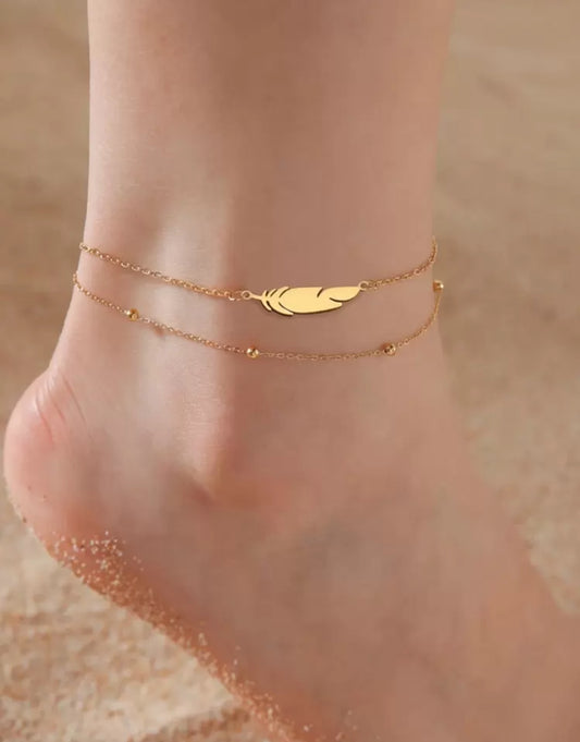 1pc Stainless Steel Double Layer Anklet for Women – Feather & Lightning Pendant, Summer Holiday Fashion Accessory