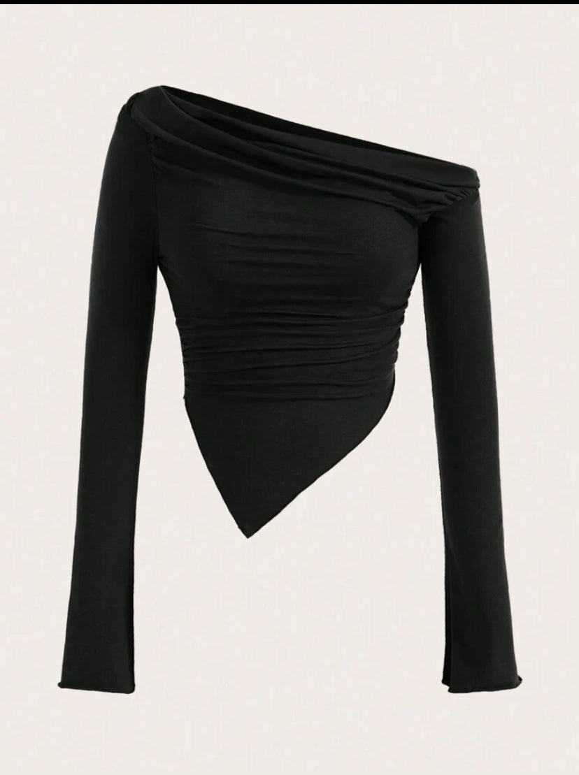 Sweetina Asymmetrical Neck & Hem Ruched Tee – Black - MH1193