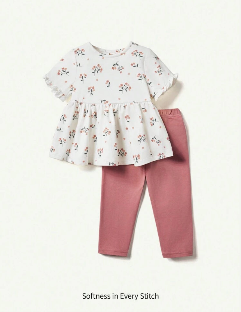 Cozy Pixies Baby Girl Flower Pattern Short Sleeve Top & Solid Color Long Pants Set