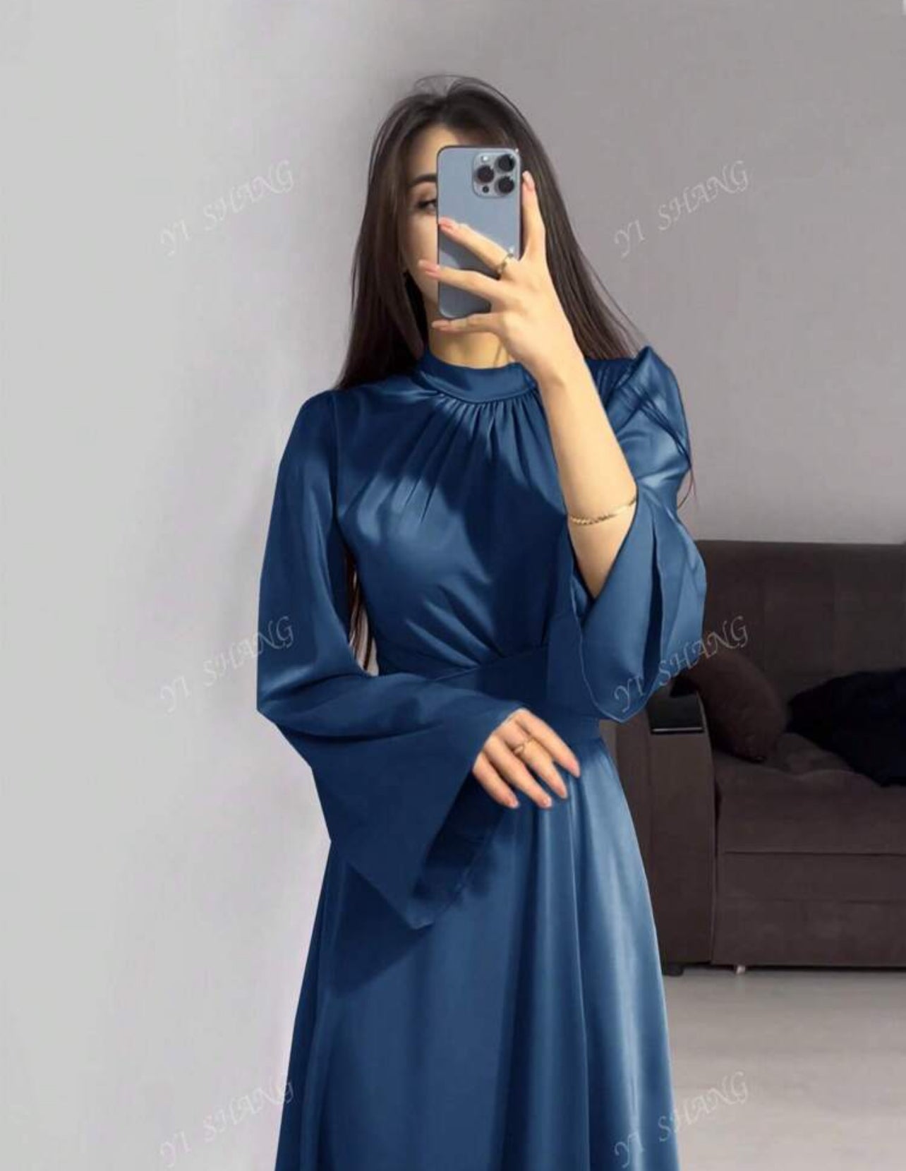 Elegant Long Bell Sleeve Dress with Belt – Satin Fabric, Modest Full-Coverage, Solid Color (Spring/Fall)
