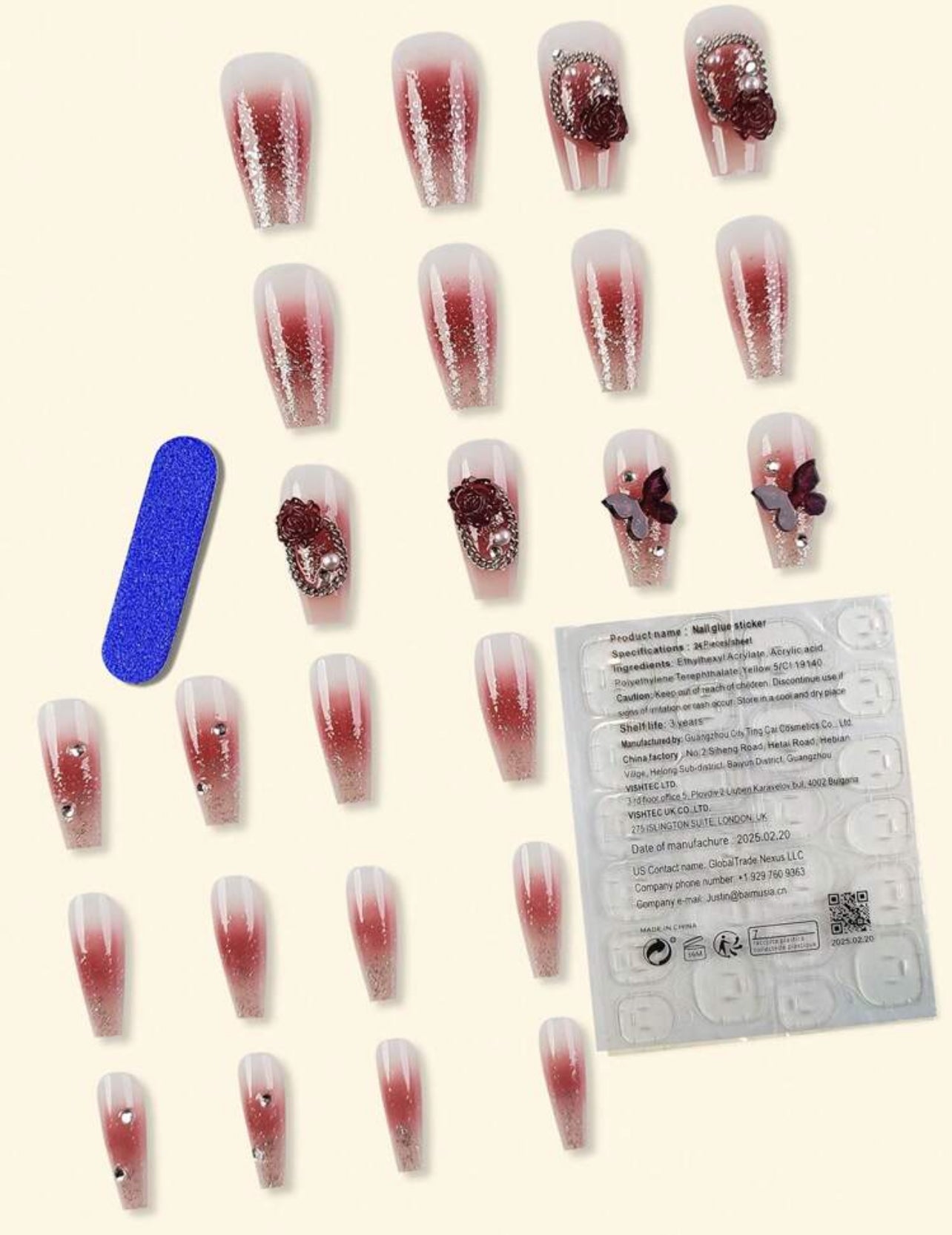 24pcs Glossy Wine Red Butterfly & Flower Long Press-On Nails – Mixed Design Reusable Nail Art Set - DI6049 - DI6050 / DI6094