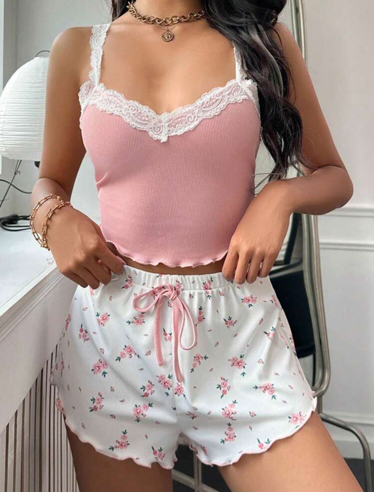 CottageSlumber Floral Print Pajama Set with Lace Embroidery & Front Bow – Perfect for Holidays & Vacations