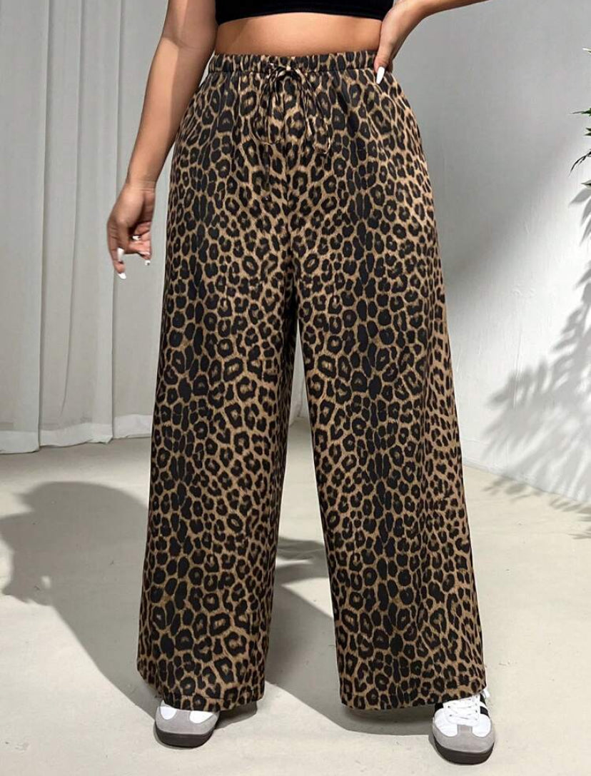 SHEIN EZwear Plus Size Leopard Printed Wide Leg Pants – Trendy & Comfortable Women’s Bottoms - MH1175