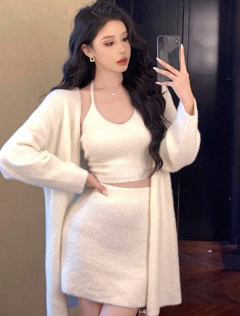 DAZY Women Solid Color Long Sleeve Cardigan Minimalist Jacket, Neck Tie Blouse And Skirt Set, Simplistic, Women Two Pieces Sets - MH1213