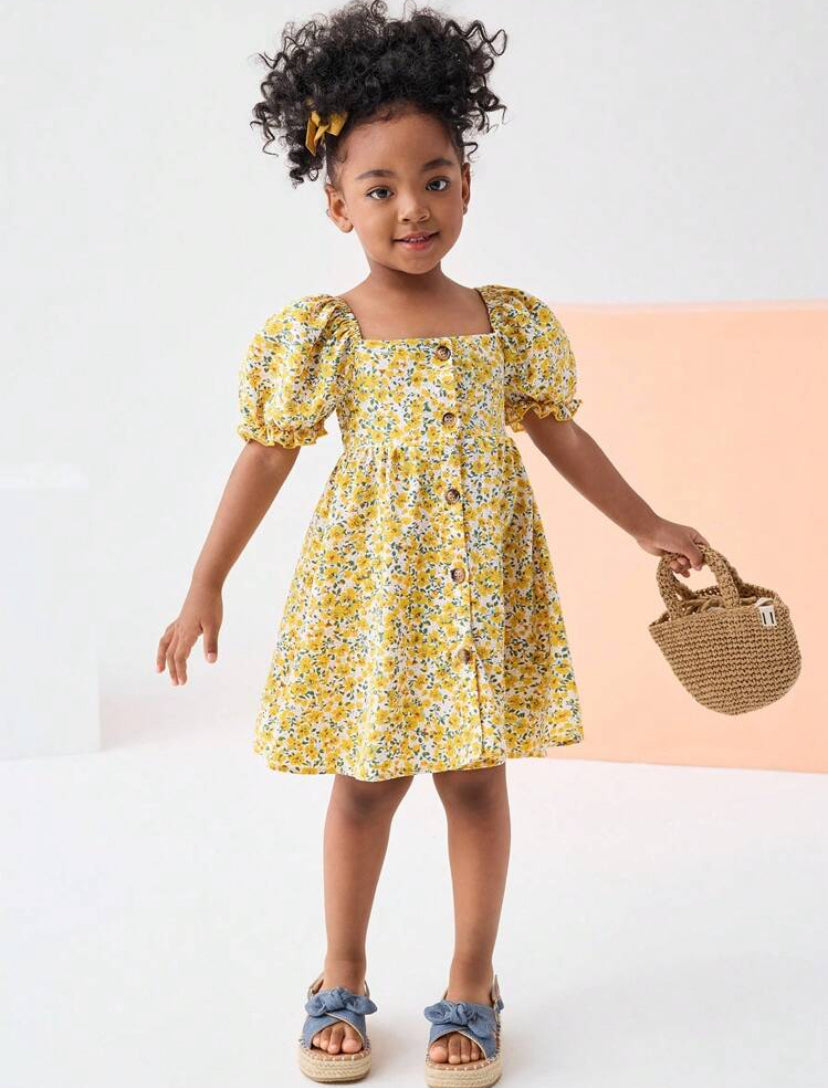SHEIN Young Girl Woven Printed Square Neck Puff Sleeve Casual Dress – Filipiniana Terno Style