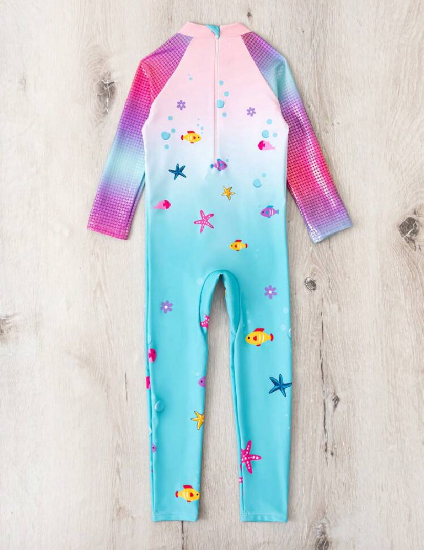 Young Girl Mermaid Printed Long Sleeve One-Piece Swimsuit – Cute Summer Swimwear