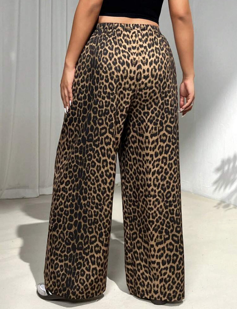SHEIN EZwear Plus Size Leopard Printed Wide Leg Pants – Trendy & Comfortable Women’s Bottoms - MH1175