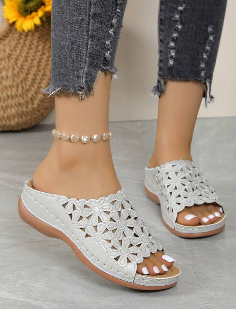 Summer Embroidered Slip-On Mules – Lightweight Wedge Heel Sandals with Ventilated Polyurethane Soles - K2006
