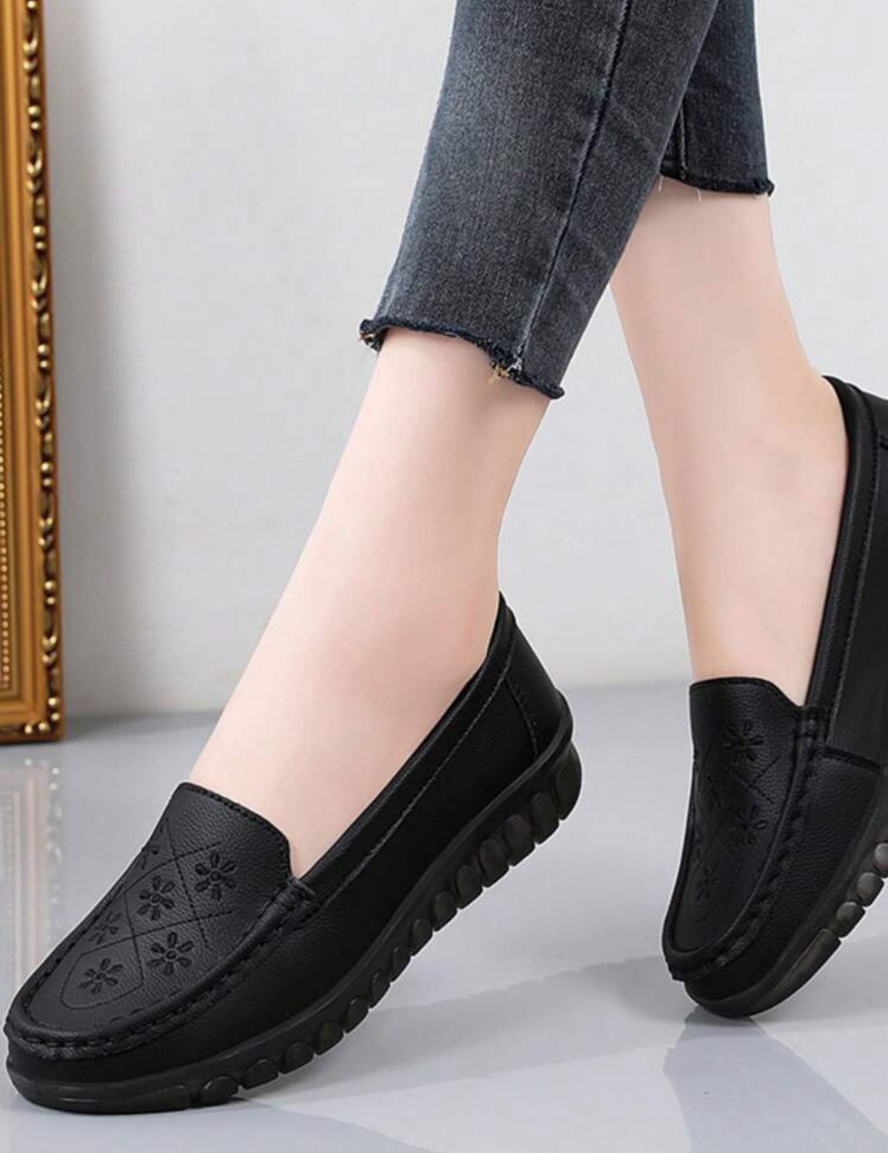 Flora Loafers – Embroidered Slip-On Flats (Black) - K2001