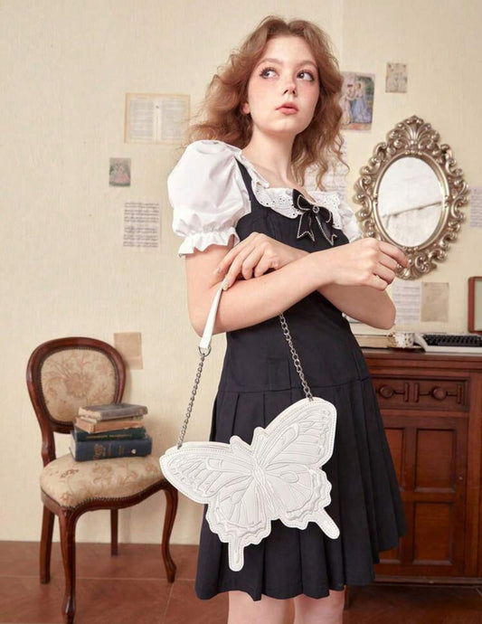 Fairy Wings – Embroidered Bow PU Shoulder Bag (White)