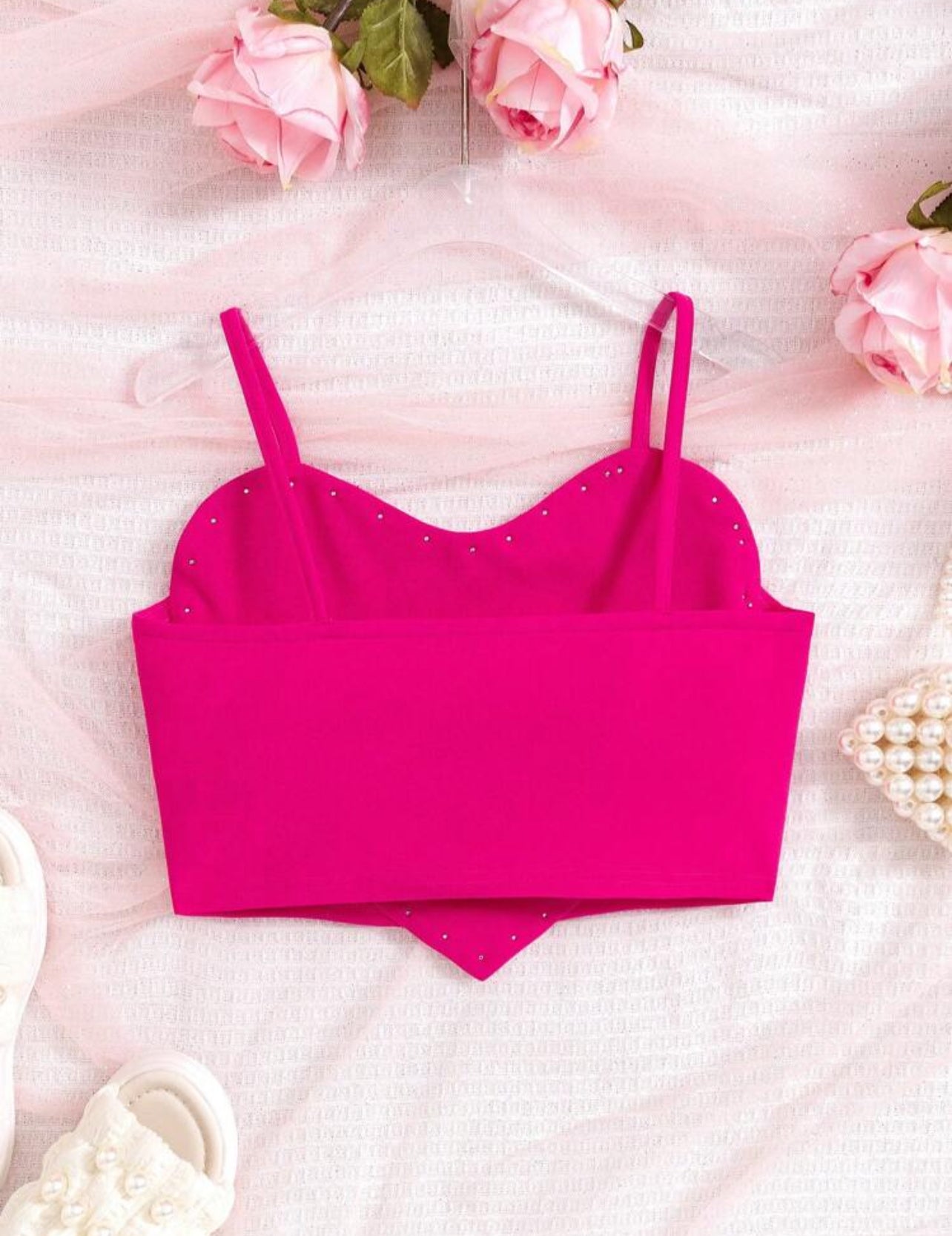 SHEIN Teen Girls Pearl Embellished Heart Pattern Crop Top