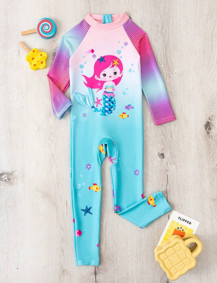Young Girl Mermaid Printed Long Sleeve One-Piece Swimsuit – Cute Summer Swimwear