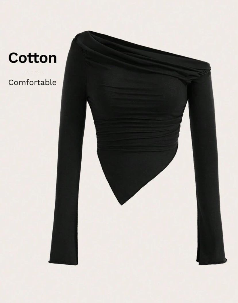 Sweetina Asymmetrical Neck & Hem Ruched Tee – Black - MH1193