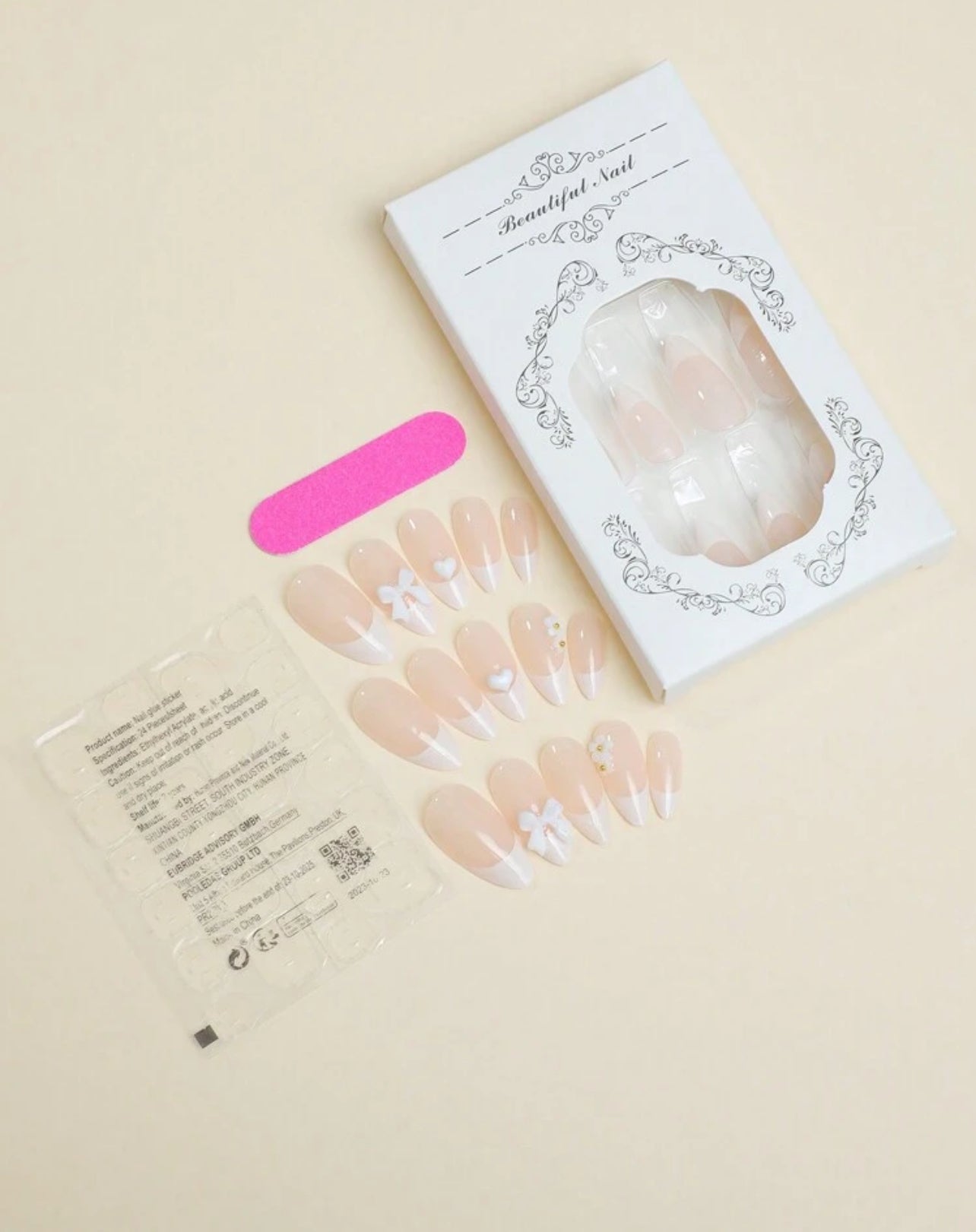 24pcs Elegant White French Almond Press-On Nails – Minimalist Design with White Bow & Heart - DI6040 - DI6041
