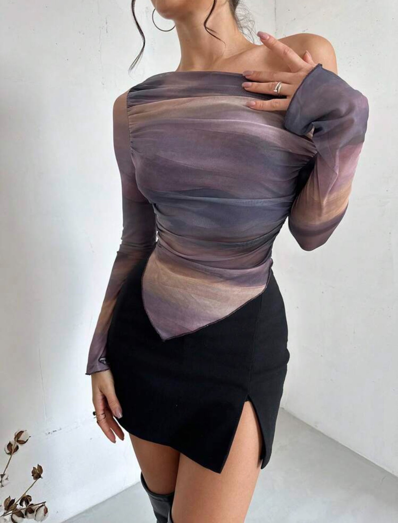 Firerie Women’s Long Sleeve Ombre Vintage Print T-Shirt – Off-Shoulder with Asymmetrical Hem (Fall/Winter)