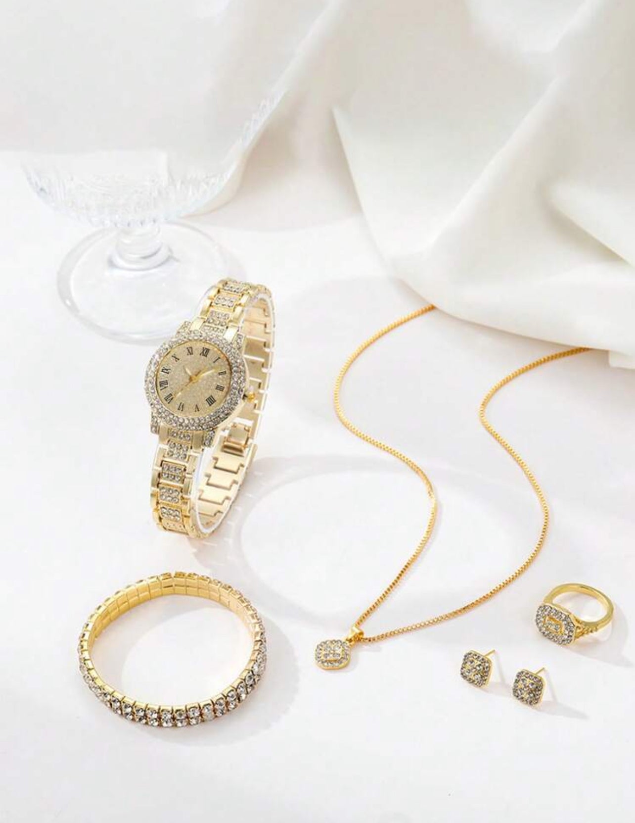 7-Piece Luxury Women’s Watch & Jewelry Gift Set – Quartz Rhinestone Watch with Roman Numerals, Crystal Bracelet, Necklace, Earrings & Ring