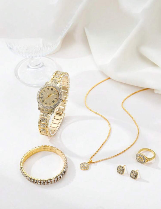 7-Piece Luxury Women’s Watch & Jewelry Gift Set – Quartz Rhinestone Watch with Roman Numerals, Crystal Bracelet, Necklace, Earrings & Ring