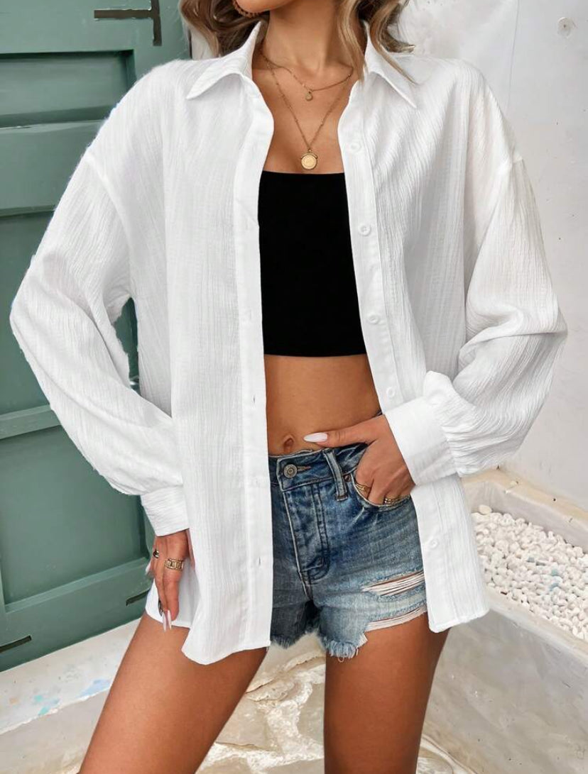 SHEIN Frenchy Women’s Fall/Winter Casual Open Front Oversized Textured Fabric Commuter  - Shirt – Long Sleeve Top  - MH1152