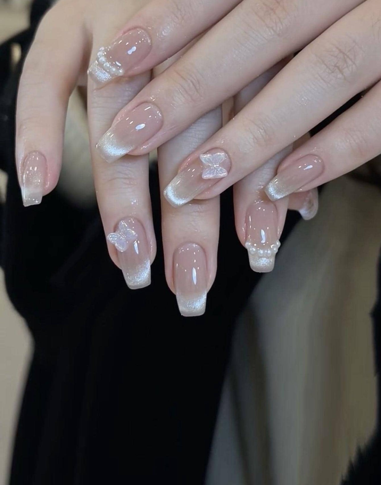 30pcs Butterfly Pearl Accent Press-On Nails – Soft Nude Design - DI6038 - DI6039