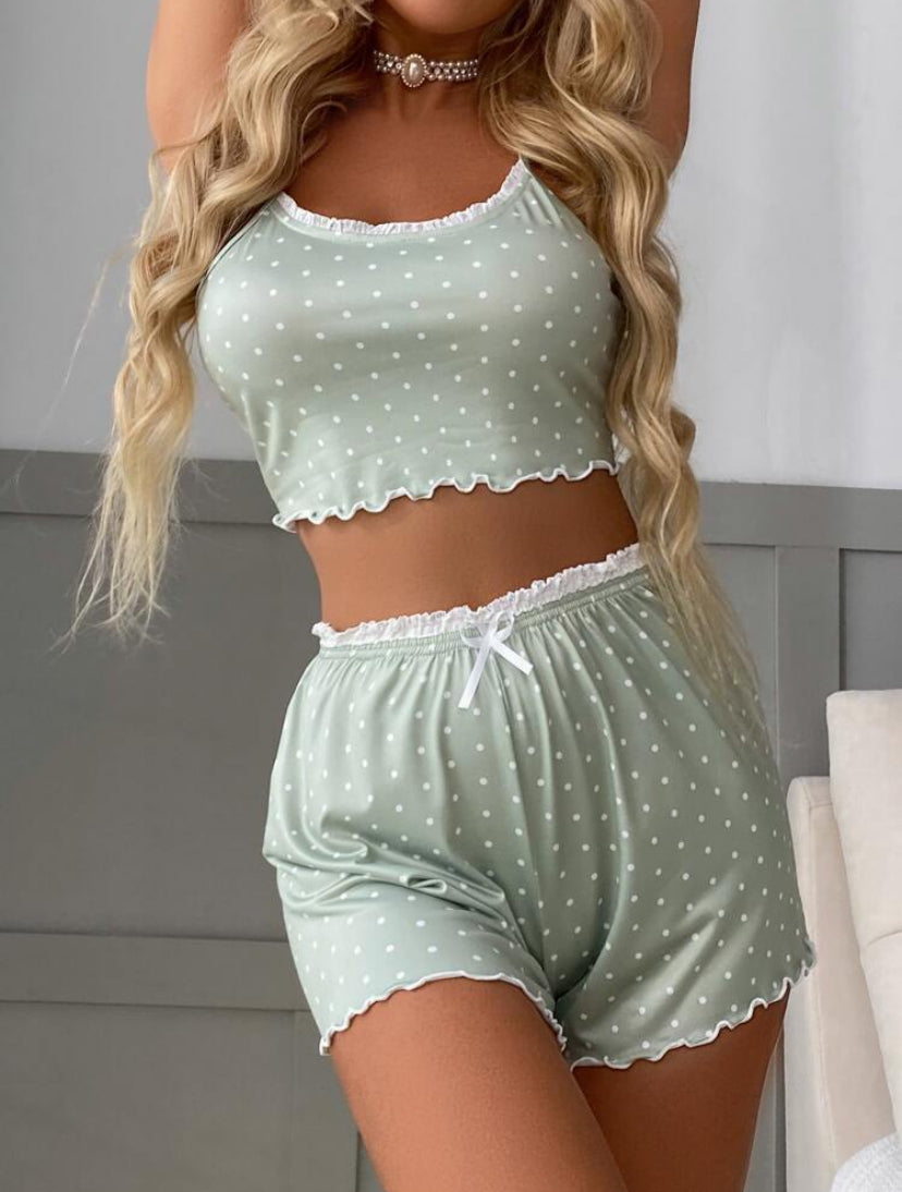 Polka Dot Print Lettuce Trim Bow Front Pajama Set – Women’s 2-Piece Sleepwear - MH1195