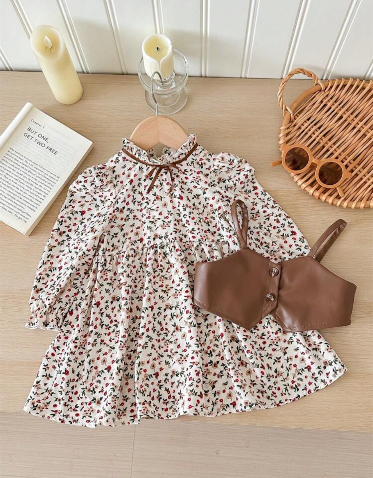 SHEIN LMoss Kids 2pcs Girls’ Outfit – Floral Long-Sleeve Dress & PU Leather Strap Vest (Fall/Winter)