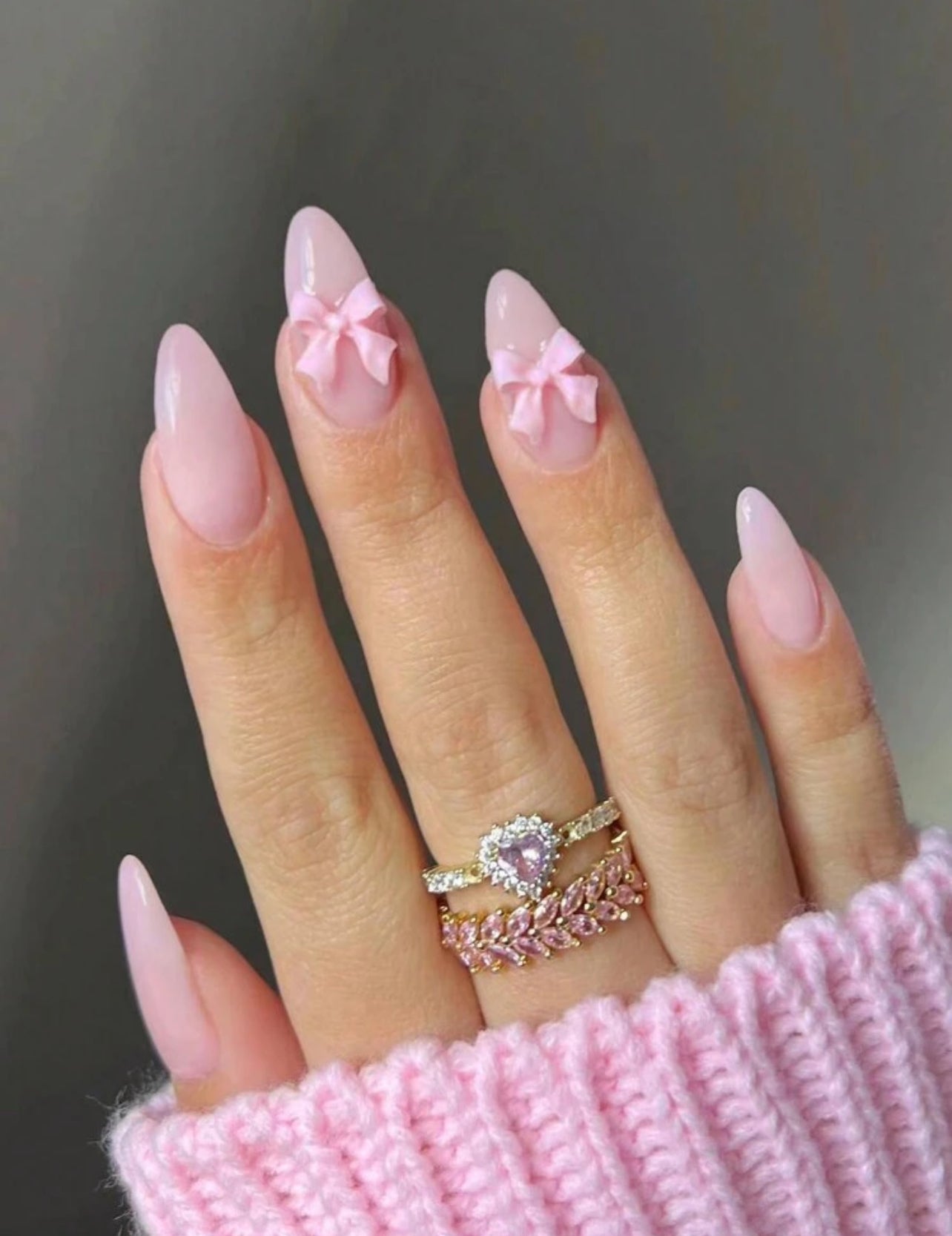 24pcs Pink Almond Glossy Butterfly Bow Press-On Nails Set with Jelly Adhesive & Nail File - DI6047 - DI6048