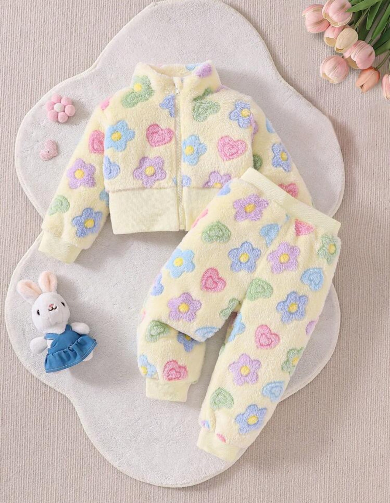 Baby Girls’ 2-Piece Outfit Set – White & Pink Zip-Up Top with Loose Pants