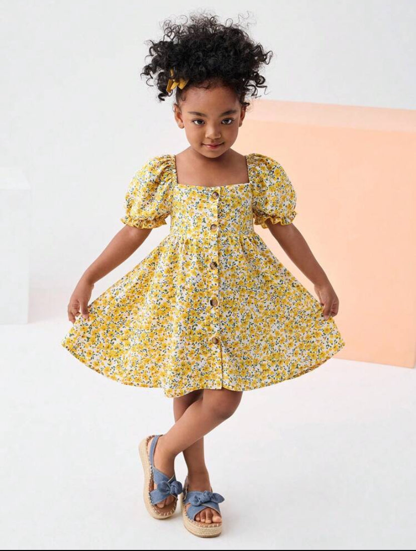 SHEIN Young Girl Woven Printed Square Neck Puff Sleeve Casual Dress – Filipiniana Terno Style