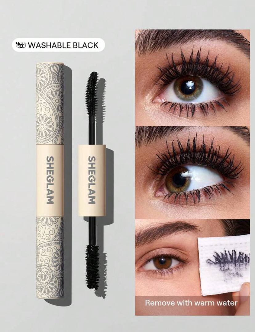 SHEGLAM All-In-One Volume & Length Mascara – Washable Black | 2-in-1 Dual-Ended Brush for Curling & Thickening - MK4200