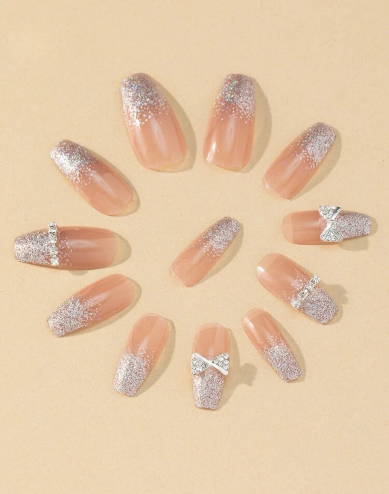 24pcs Long Glossy Rhinestone Bow Press-On Nails Set – 3D Strass Design with Nail File & Adhesive - DI6017 - DI6020