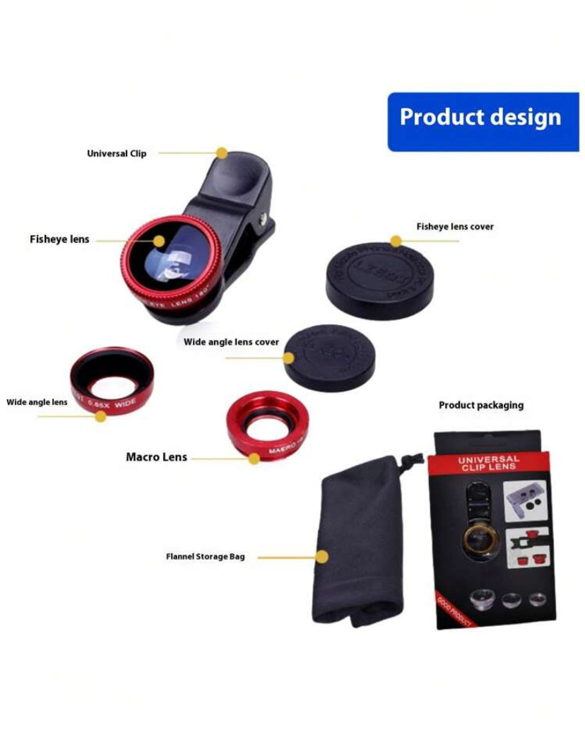 3-in-1 Mobile Phone Camera Lens Kit – Fisheye, Wide-Angle, and Macro Lenses – Portable Clip-On Lens for Smartphone Photography