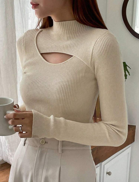 DAZY Cut-Out Front Mock Neck Ribbed Knit Sweater – Long Sleeve Fall Top - MH1192