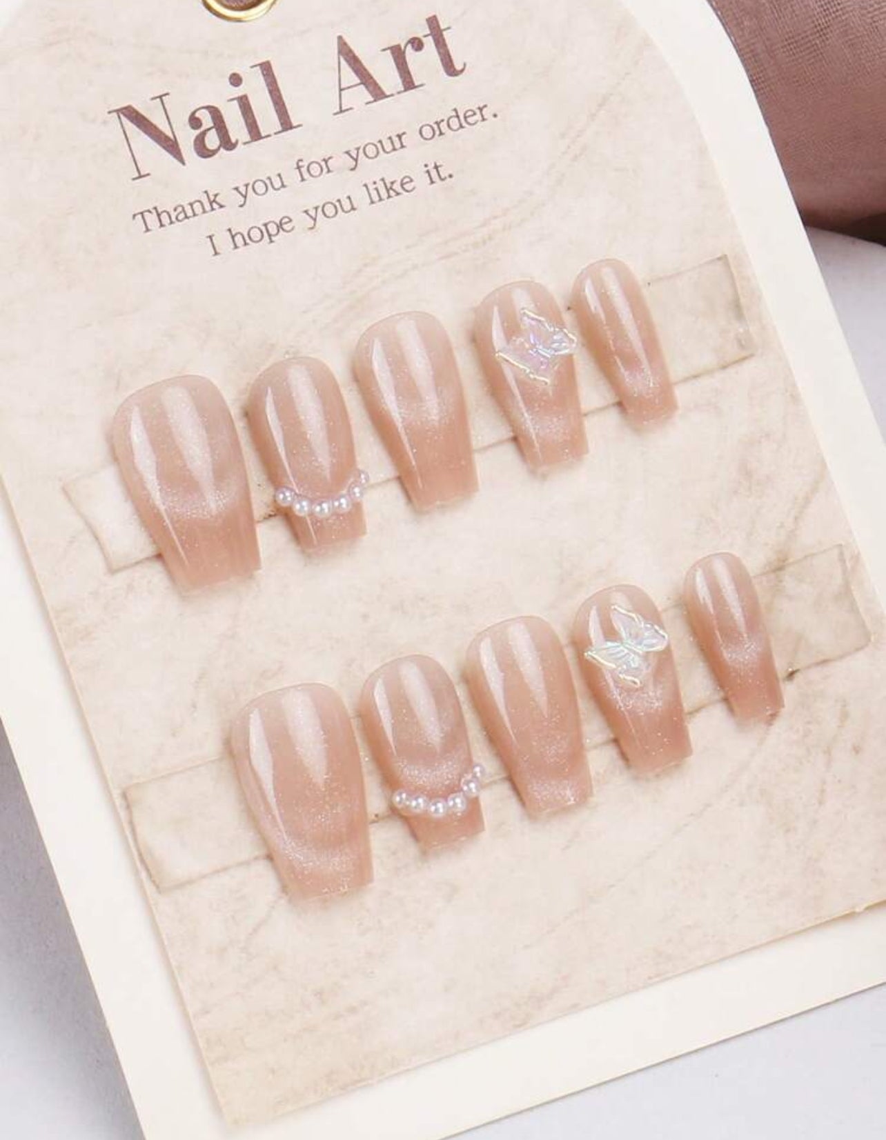 30pcs Butterfly Pearl Accent Press-On Nails – Soft Nude Design - DI6038 - DI6039