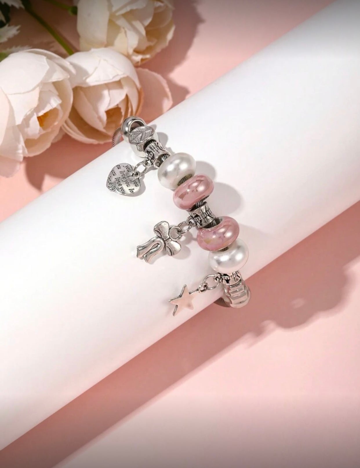 Stainless Steel Bracelet with Butterfly & Pink Enamel Heart Charm – DIY Accessory for Friends, Parties & Valentine’s Day