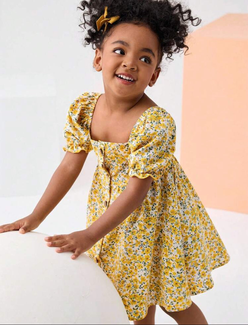 SHEIN Young Girl Woven Printed Square Neck Puff Sleeve Casual Dress – Filipiniana Terno Style